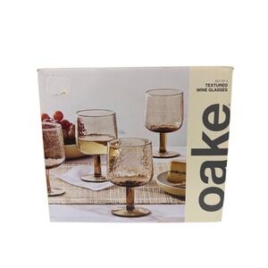 Oake Set of 4 Textured Wine Glasses Amber Brown Hammered Glass Short Stem New